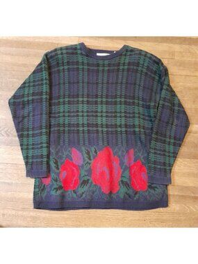 Vintage 80s Womens  Sweater Oversized Comfy Plaid Holiday Warm Winter Size PM